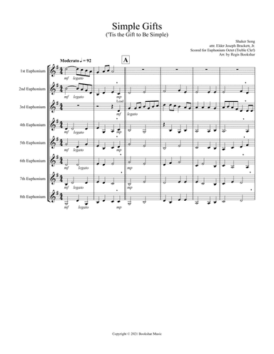 Simple Gifts ('Tis the Gift to Be Simple) (F) (Euphonium Octet - Treble Clef) (arr. Regis Bookshar)