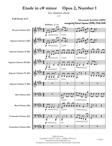 Etude for Piano in c# minor: Opus 2, No. 1 [for clarinet choir] (full score & set of parts) (arr. Patrick Sheehan)