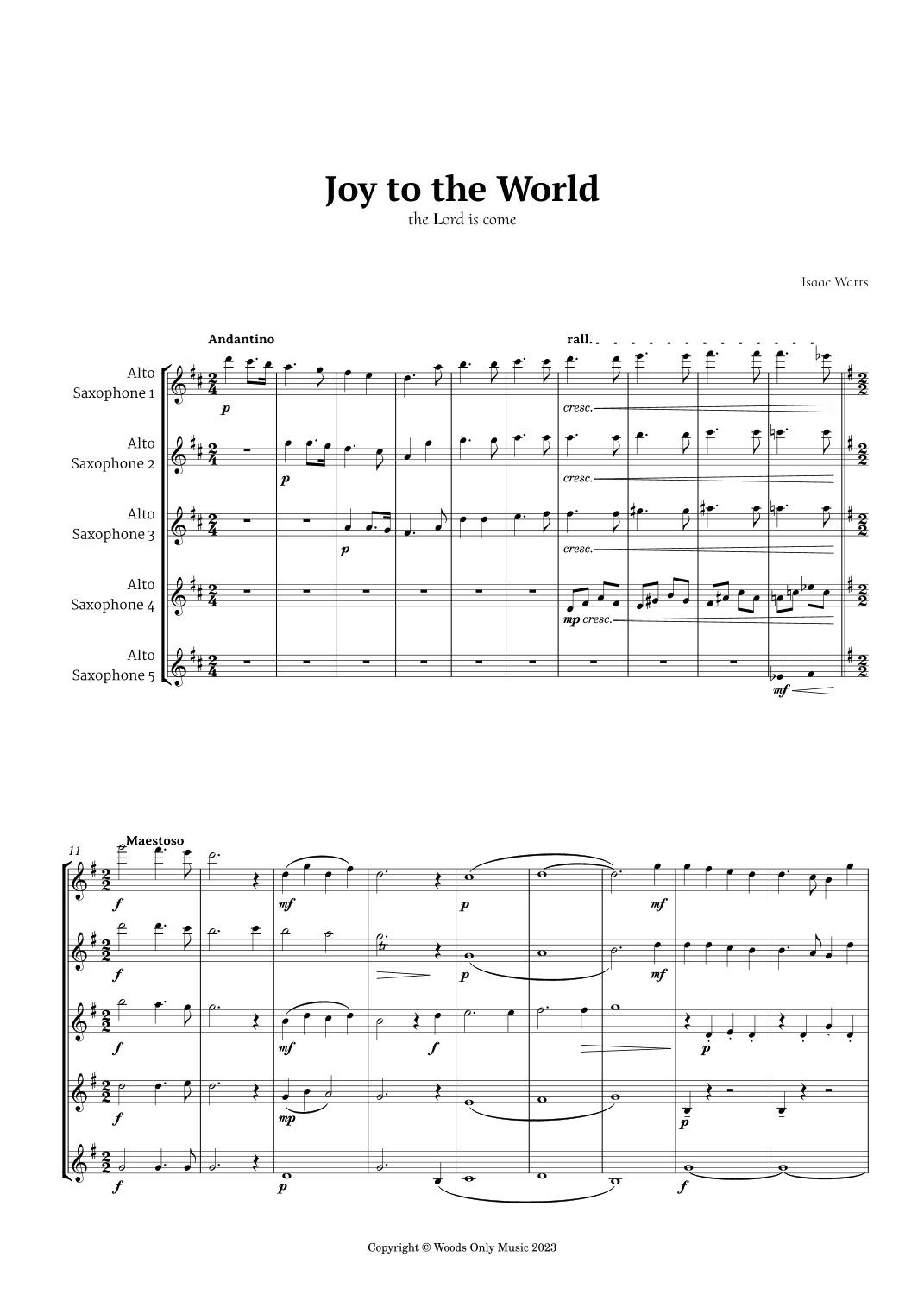 Joy to the World by for Alto Sax Quintet (arr. Ander)