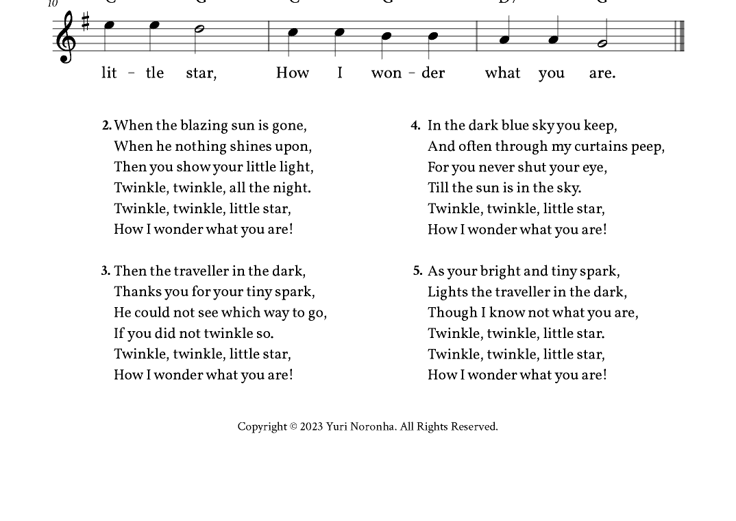 Twinkle, Twinkle Little Star - Lead Sheet G Major (Full Lyrics) (arr. Yuri Noronha)