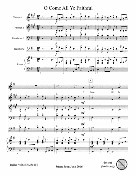 O Come All Ye Faithful for brass quartet, piano, and congregation (arr. Stuart Scott)