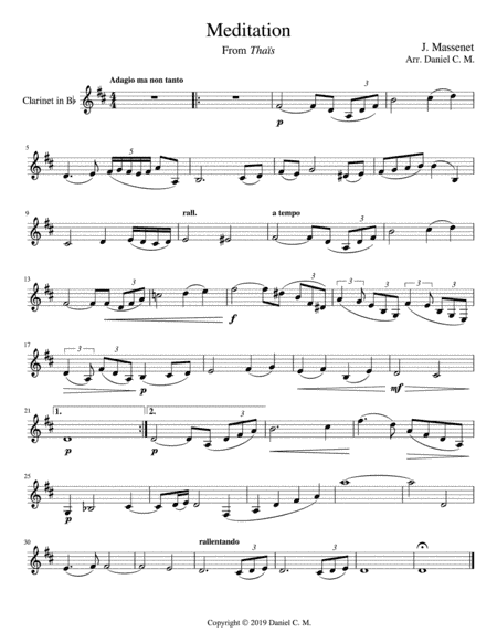 Meditation for Bb clarinet and piano (easy) (arr. Daniel C. M)