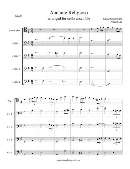 Andante Religioso arranged for cello quartet and solo cello (arr. August Lee)