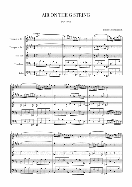 Bach: Air on the G String for Brass Quintet (2 Trumpets, Horn, Trombone and Tuba) (arr. Cadenza Editions)