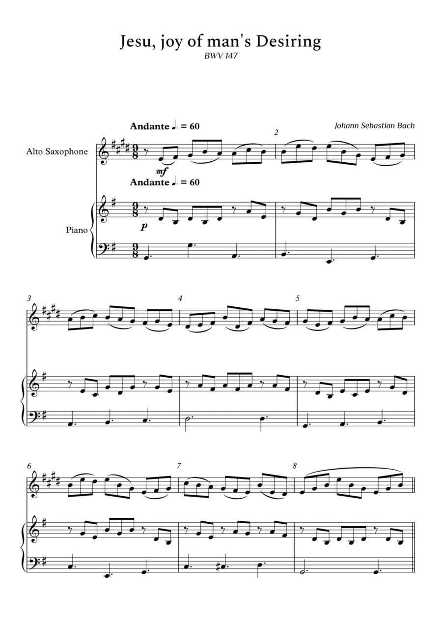 Jesu, Joy of Man's Desiring for Alto Sax and Piano (Arpeggios Not Chords) - Score and Parts (arr. Cássio Silva Chaves)