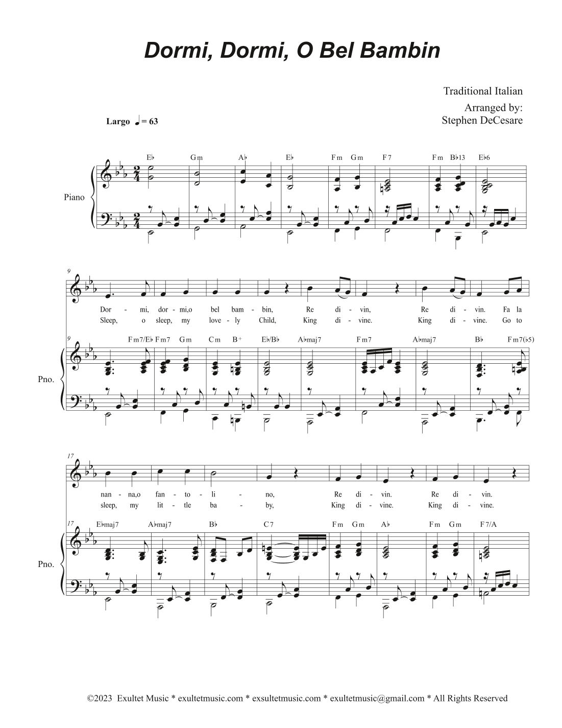 Dormi, Dormi, O Bel Bambin (Unison choir - Medium Key) (arr. Stephen DeCesare)