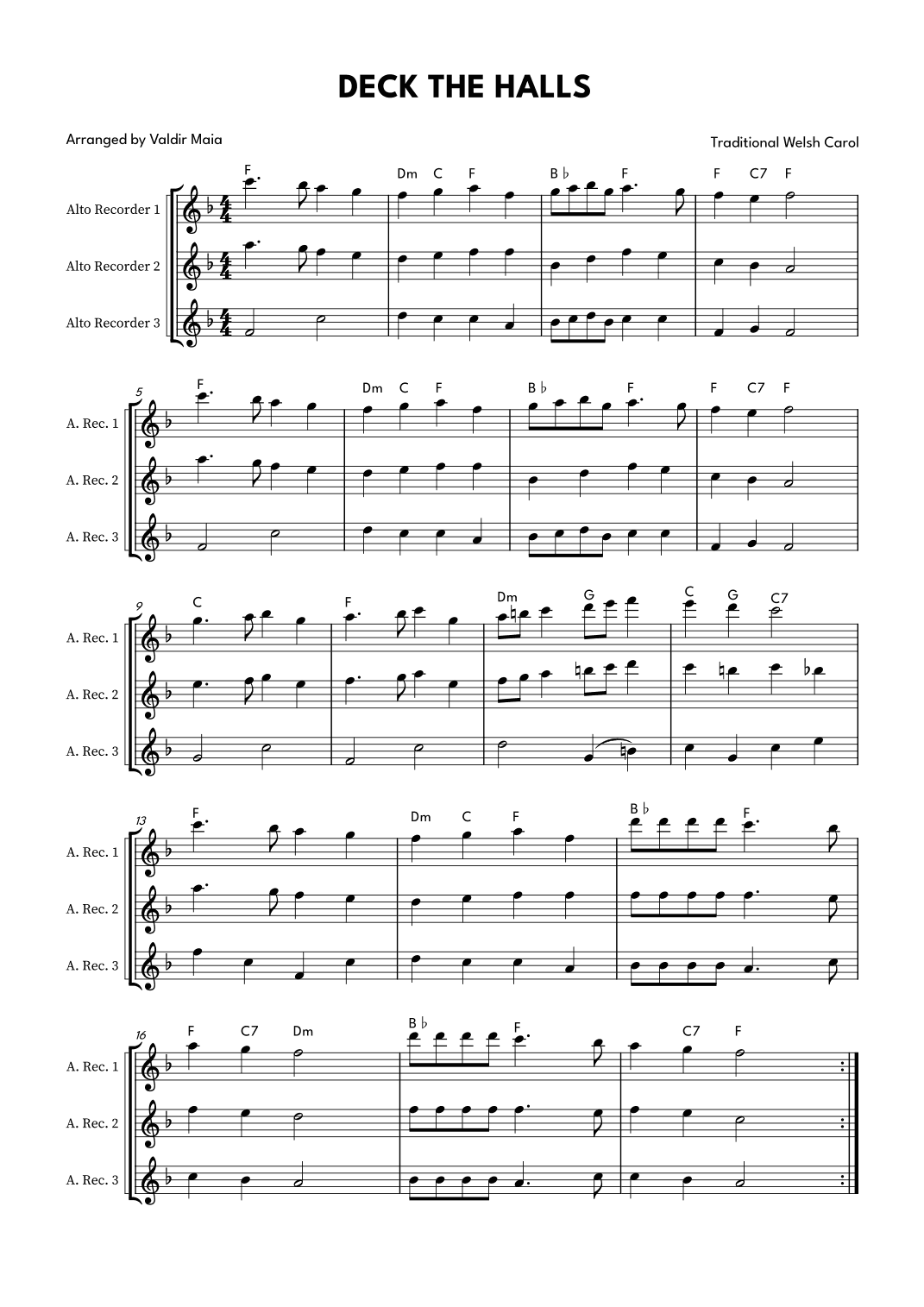 Deck The Halls - Alto Recorder Trio (arr. Valdir Maia)