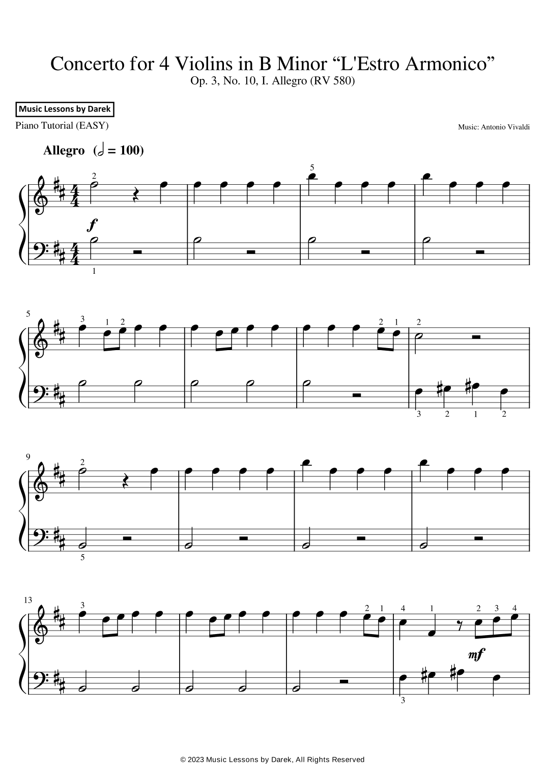 Concerto for 4 Violins in B Minor “L'Estro Armonico” (EASY PIANO) Op. 3, No. 10, I. Allegro (RV 580) (arr. Darek)