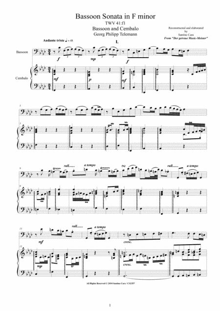 Telemann - Bassoon Sonata in F minor TWV 41f1 for Bassoon and Cembalo (or Piano) (arr. Santino Cara)