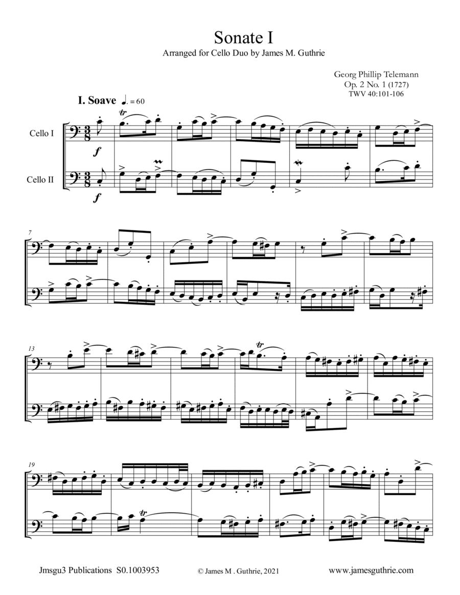 Telemann: Sonata Op. 2 No. 1 for Cello Duo (arr. James M. Guthrie)
