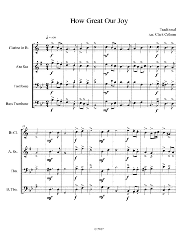 How Great Our Joy (Clarinet, Alto Sax, Trombone, Bass Trombone) (arr. Clark Cothern)