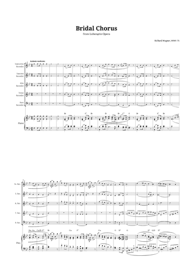 Bridal Chorus by Wagner for Recorder Quintet and Piano with Chords (arr. Langanho)