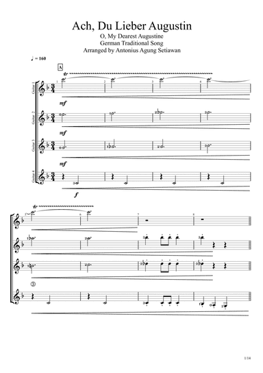 Ach Du Lieber Augustin (O My Dearest Augustine) (Quartet Guitar Score) (arr. Antonius Agung Setiawan)