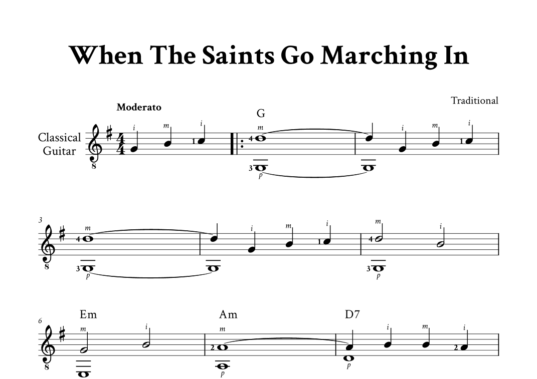 When The Saints Go Marching In - Fingerstyle Guitar (G Major, with Chords and Fingering) (arr. Yuri Noronha)