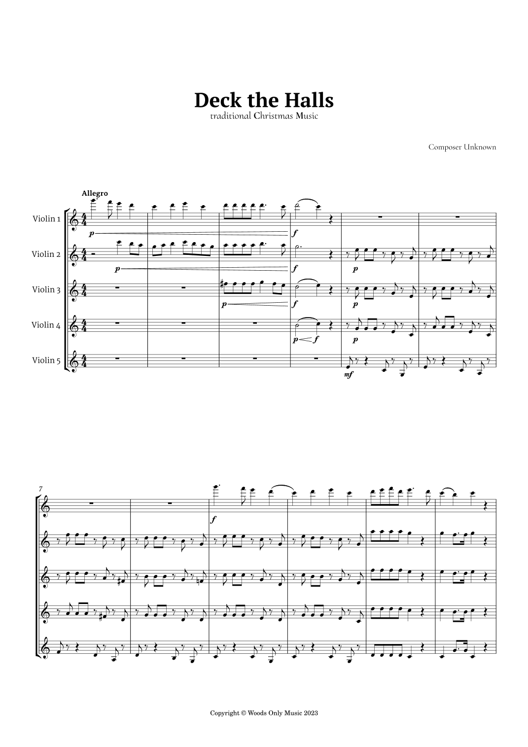 Deck the Halls by Oliphant for Violin Quintet (arr. Ander)