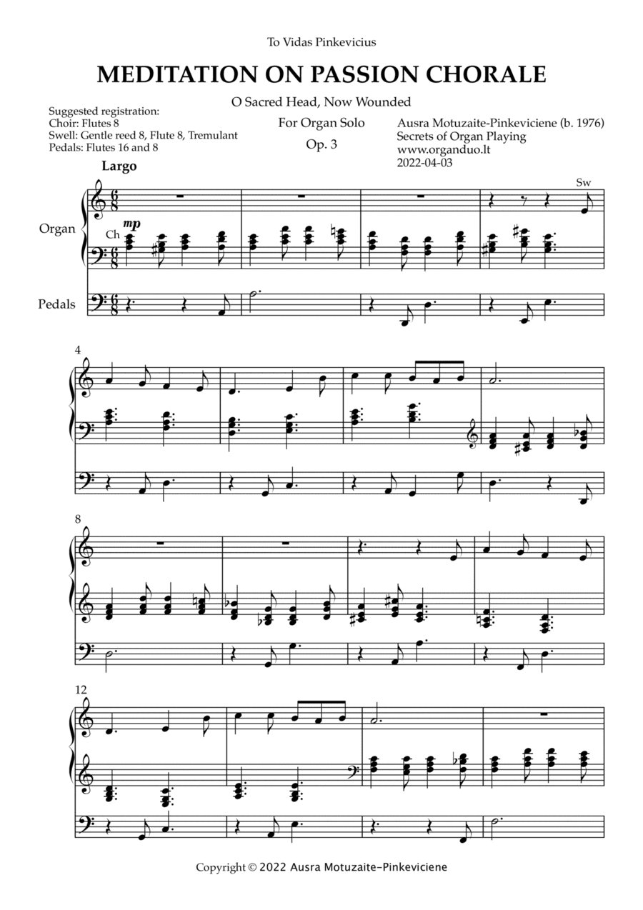 Meditation on Passion Chorale, Op. 3 (Organ Solo) by Ausra Motuzaite-Pinkeviciene (2022)