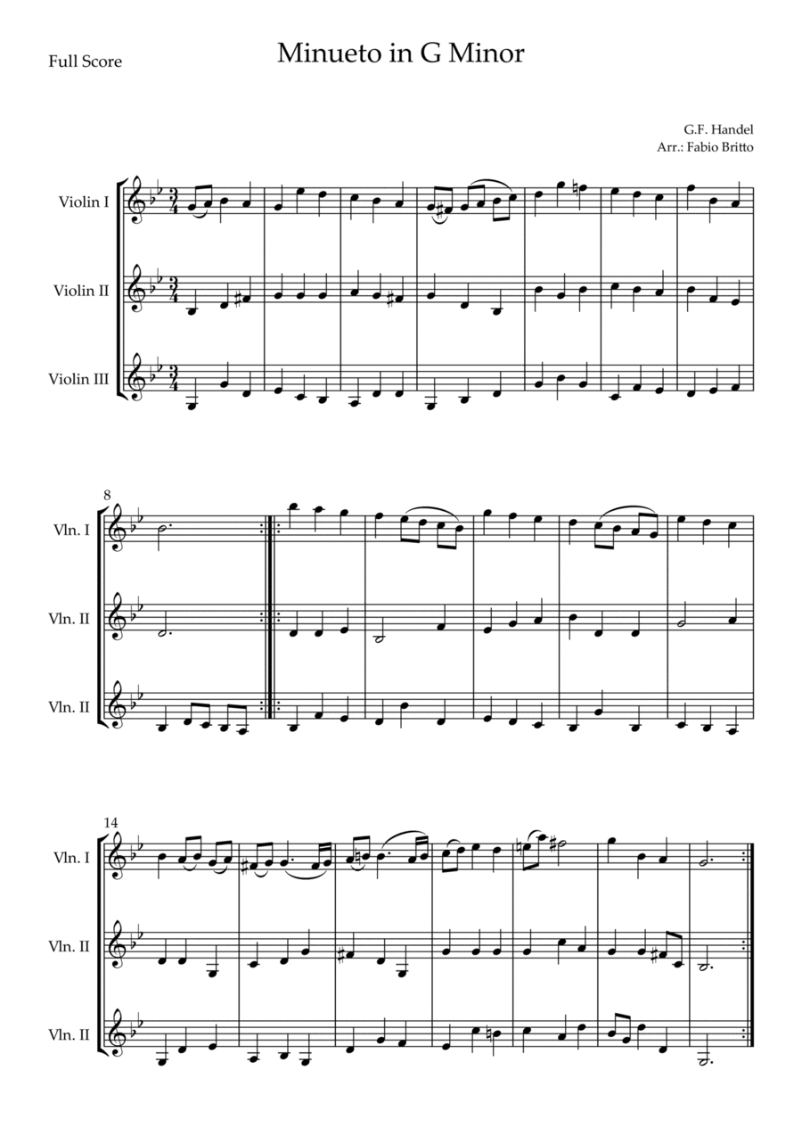 Minueto in G Minor (G.F. Handel) for Violin Trio (arr. Fabio Britto)