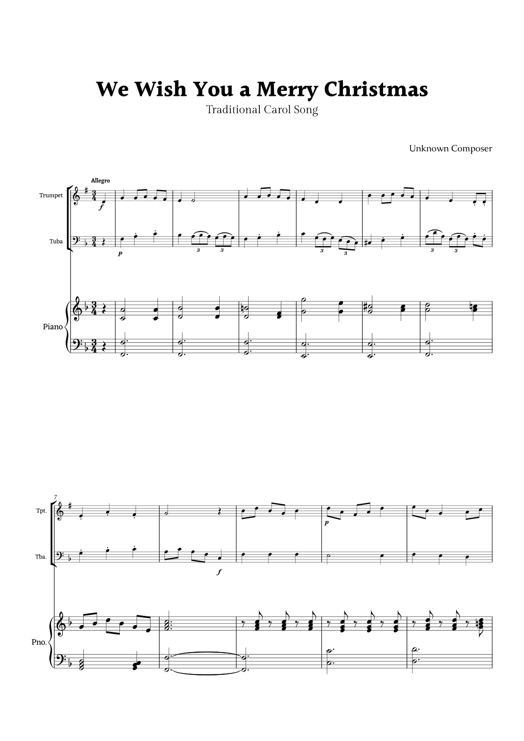 We Wish you a Merry Christmas for Trumpet and Tuba Duet with Piano (arr. Rika K.)