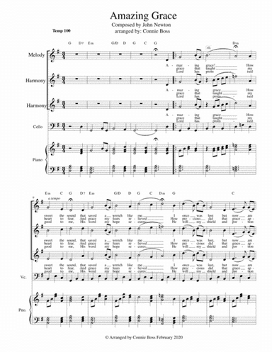Amazing Grace - vocal trio, cello and piano in key of G - higher range (arr. Connie Boss)