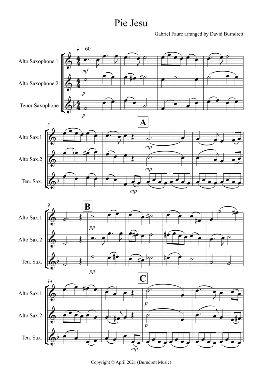 Pie Jesu (from Requiem) for Saxophone Trio (arr. David Burndrett)