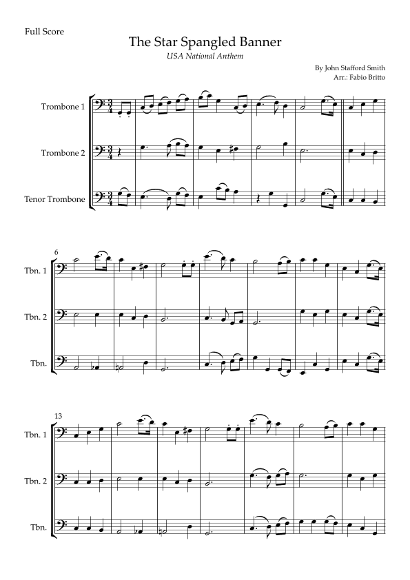 The Star Spangled Banner (USA National Anthem) for Trombone Trio (arr. Fabio Britto)