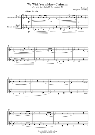 We Wish You a Merry Christmas (for horn duet, suitable for grades 2-6) (arr. Edwin Sung)