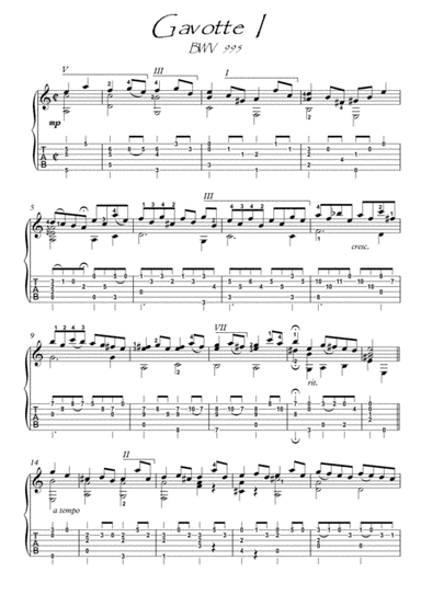 Bach for Guitar Gavotte I bwv 995 (arr. PianoSheetNow)