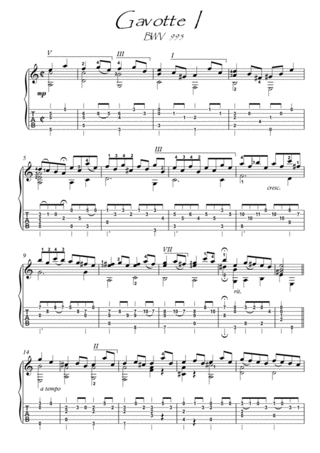 Bach for Guitar Gavotte I bwv 995 (arr. PianoSheetNow)