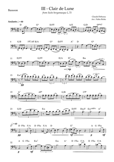 Clair de Lune (C. Debussy) for Bassoon Solo with Chords (D Major) (arr. Fabio Britto)