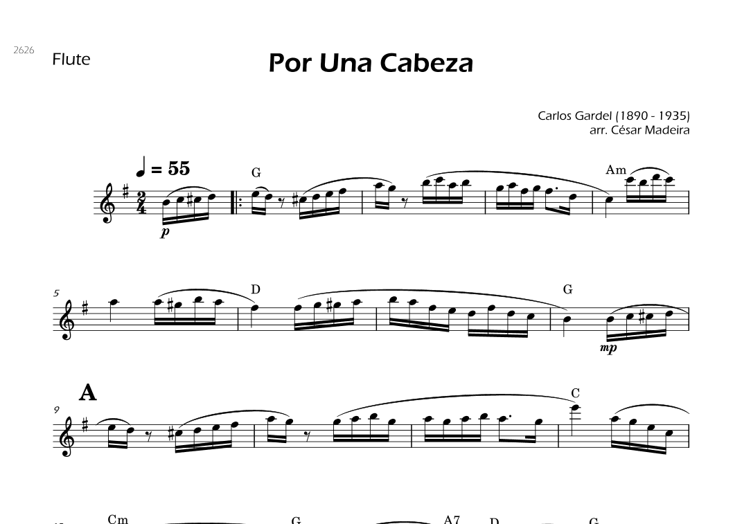 Por Una Cabeza - Flute Solo - W/Chords (arr. César Madeira)