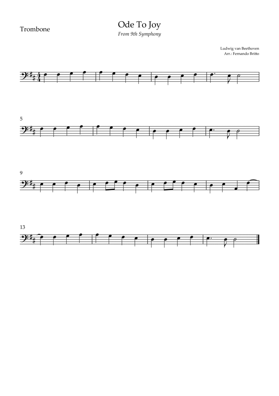 Ode To Joy (from Beethoven's 9th Symphony) for Trombone Solo (arr. Fernando Britto)