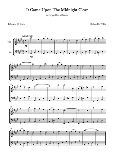 It Came Upon The Midnight Clear Violin and Cello in A Easy Intermediate (arr. Milanov)