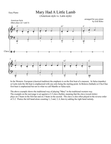 Mary Had a Little Lamb - American and Latin Style - Easy Piano (arr. Erik Kihss)