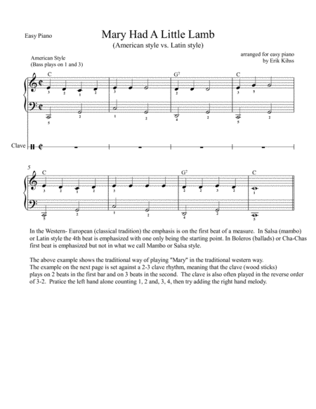 Mary Had a Little Lamb - American and Latin Style - Easy Piano (arr. Erik Kihss)