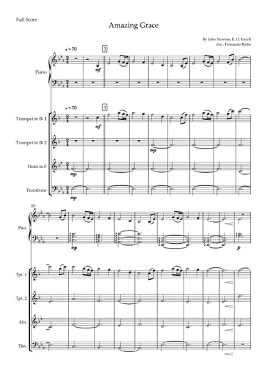 Amazing Grace (John Newton, E. O. Excell) for Brass Quartet and Piano Accompaniment with Chords (arr. Fernando Britto)