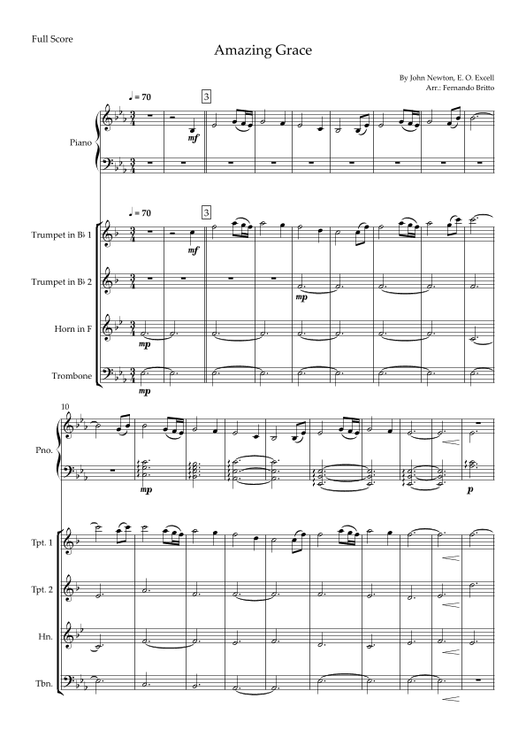 Amazing Grace (John Newton, E. O. Excell) for Brass Quartet and Piano Accompaniment with Chords (arr. Fernando Britto)