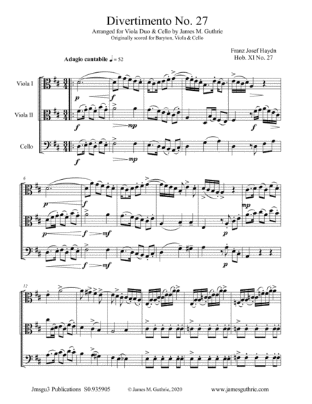 Haydn: Divertimento No. 27, Trio for 2 Violas & Cello (arr. James M. Guthrie)