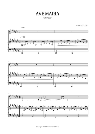 Schubert Ave Maria in C sharp Major [ C# ] • alto voice sheet music with easy piano accompaniment (arr. Benzaiten Editions)