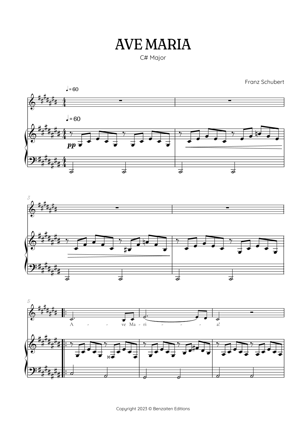 Schubert Ave Maria in C sharp Major [ C# ] • alto voice sheet music with easy piano accompaniment (arr. Benzaiten Editions)