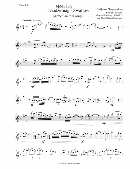 Dzidzernag (Swallow) for flute solo (new version) (arr. David Warin Solomons)