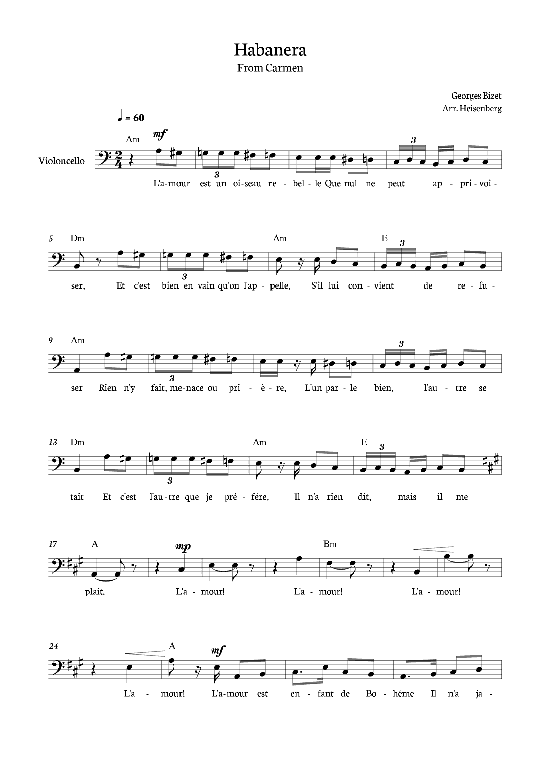 Habanera from Carmen for Cello with chords (arr. Heisenberg)