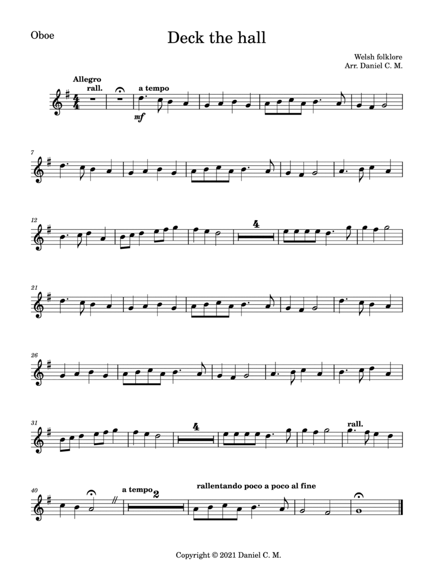 Deck the hall for oboe and piano (easy) (arr. Daniel C. M.)