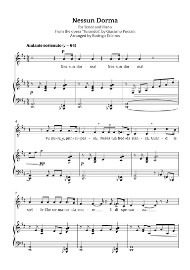 Nessun Dorma (for tenor and piano) (arr. Rodrigo Faleiros)