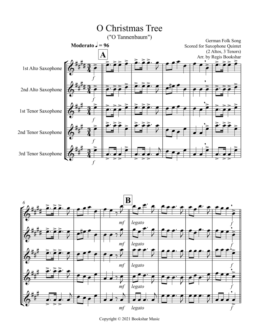 O Christmas Tree (G) (Saxophone Quintet - 2 Alto, 3 Tenor) (arr. Regis Bookshar)