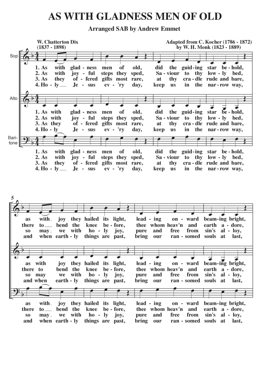 As With Gladness Men Of Old A Cappella SAB (arr. Andrew Emmet)