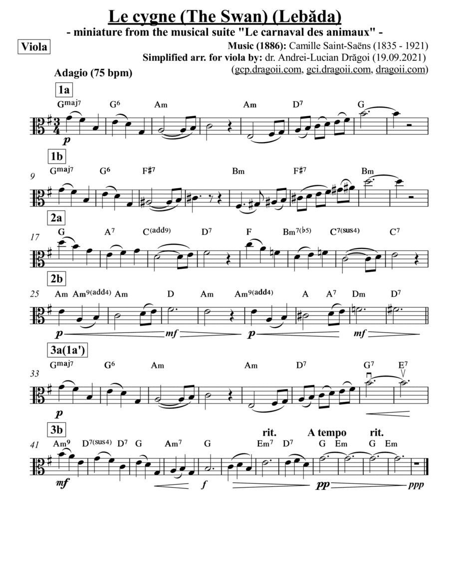 Saint-Saens (Camille) - Le Cygne (The Swan) (Lebada) - simplified arr. for viola in G major (arr. Andrei Lucian Dragoi)