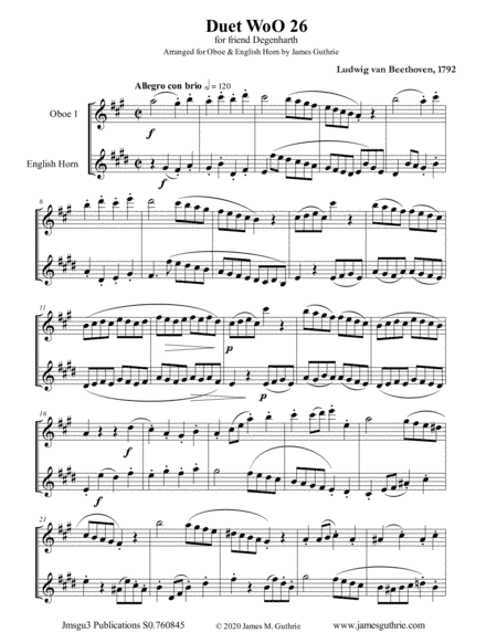 Beethoven: Duet WoO 26 for Oboe & English Horn (arr. James Guthrie, ASCAP)