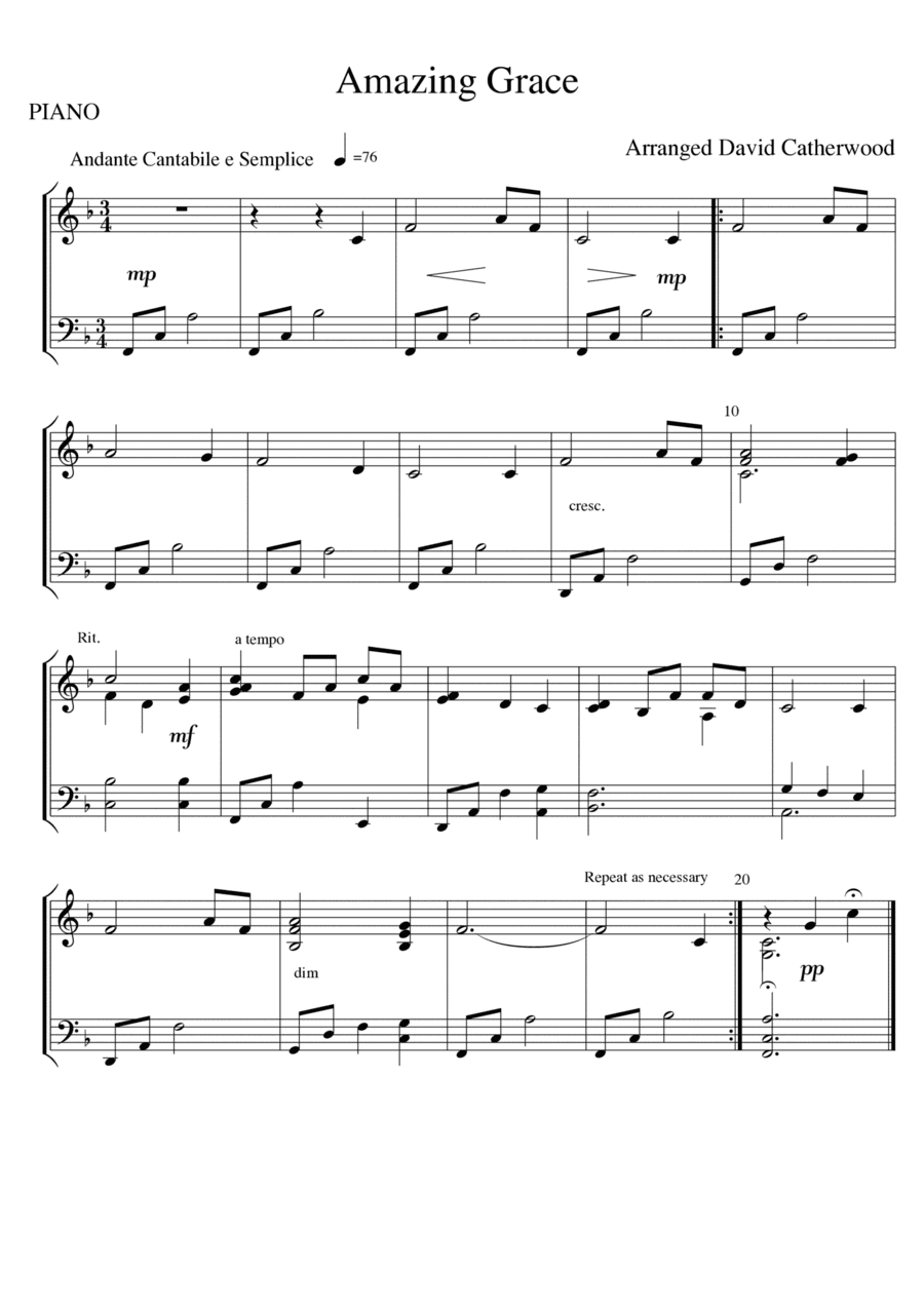 Amazing Grace - arranged for easy piano by David Catherwood (arr. David Catherwood)