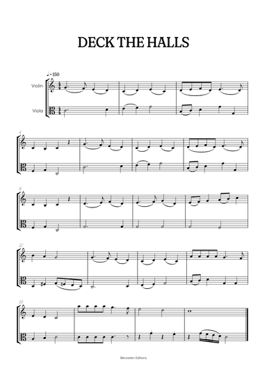 Deck the Halls for violin and viola duet • intermediate Christmas song sheet music (arr. Benzaiten Editions)
