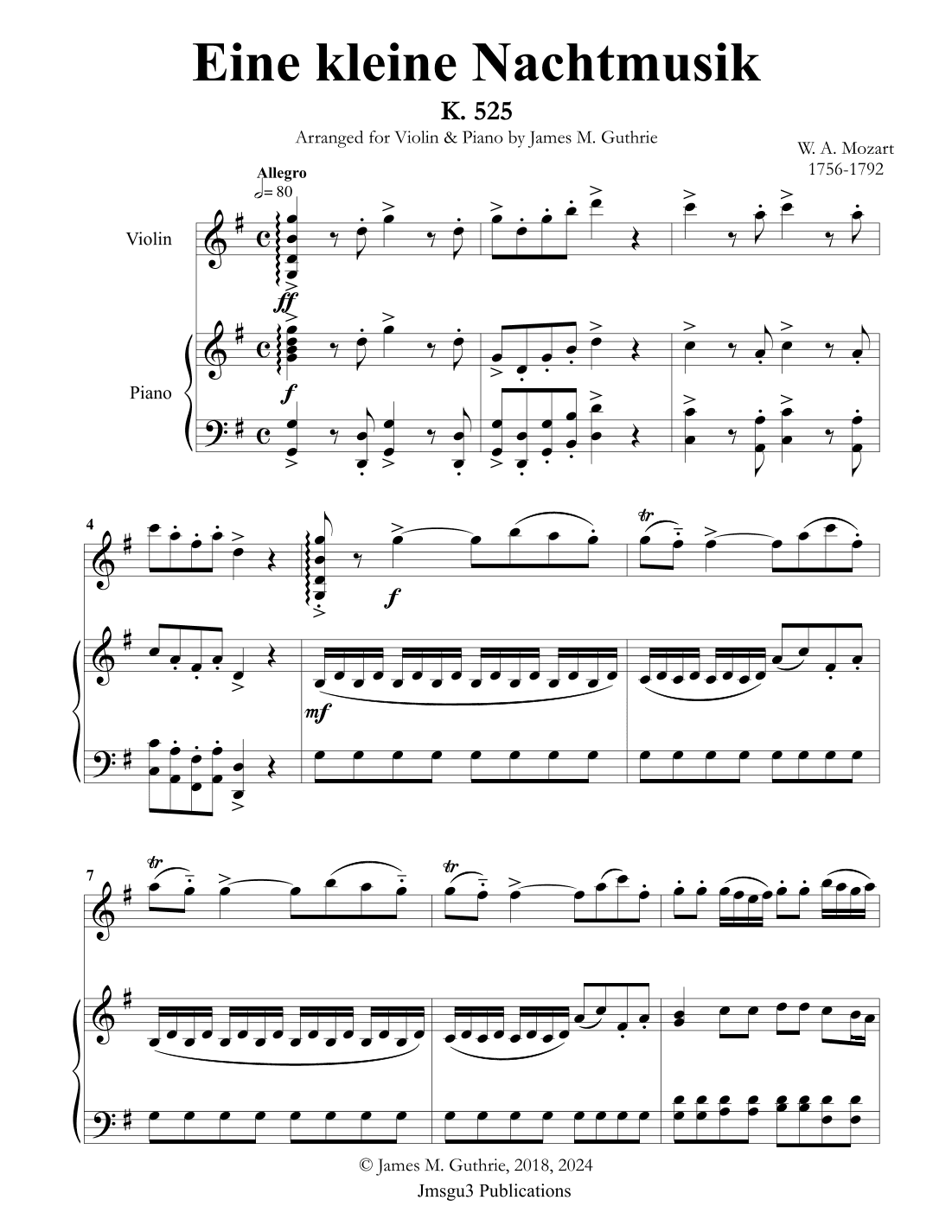 Mozart: Eine kleine Nachtmusik for Violin & Piano (arr. James M. Guthrie, ASCAP)